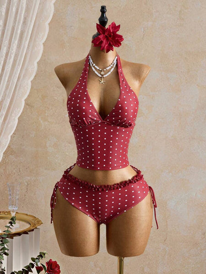 Women's 2-Piece Polka Dot Bikini Set - Ruffle Trim, Halter, Cropped Top, Black