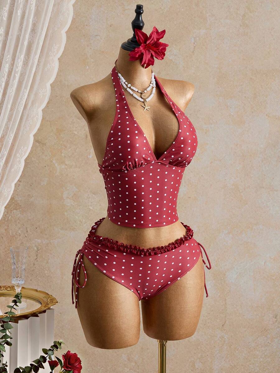 Women's 2-Piece Polka Dot Bikini Set - Ruffle Trim, Halter, Cropped Top, Black