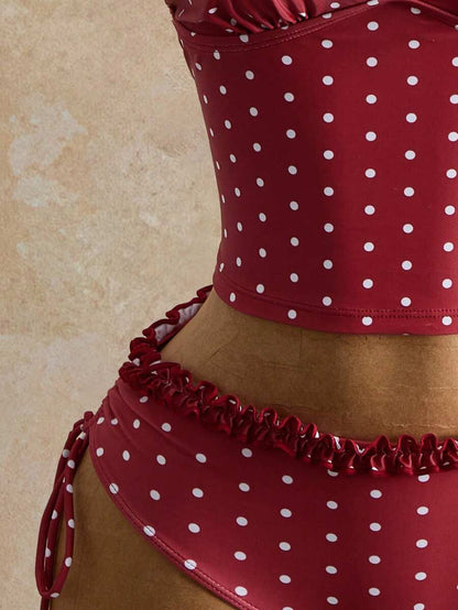 Women's 2-Piece Polka Dot Bikini Set - Ruffle Trim, Halter, Cropped Top, Black