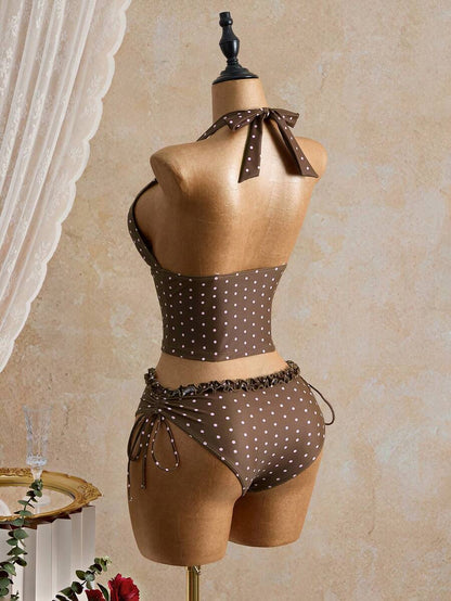 Women's 2-Piece Polka Dot Bikini Set - Ruffle Trim, Halter, Cropped Top, Black