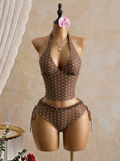 Women's 2-Piece Polka Dot Bikini Set - Ruffle Trim, Halter, Cropped Top, Black