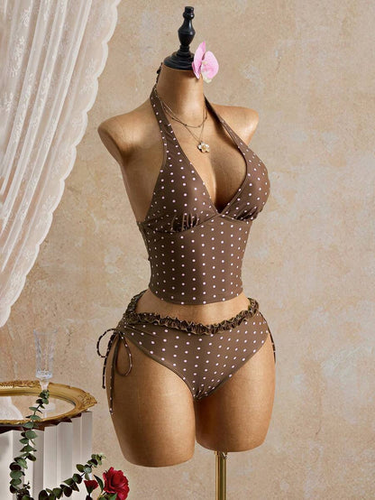Women's 2-Piece Polka Dot Bikini Set - Ruffle Trim, Halter, Cropped Top, Black