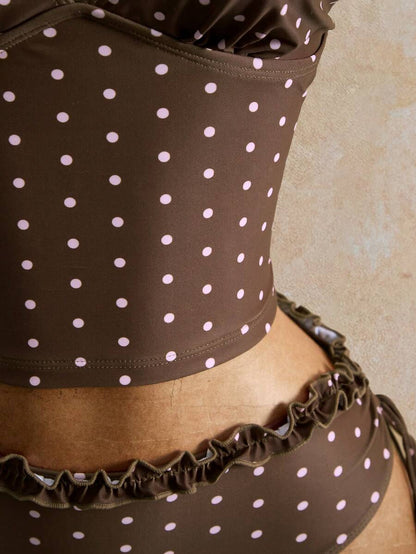 Women's 2-Piece Polka Dot Bikini Set - Ruffle Trim, Halter, Cropped Top, Black
