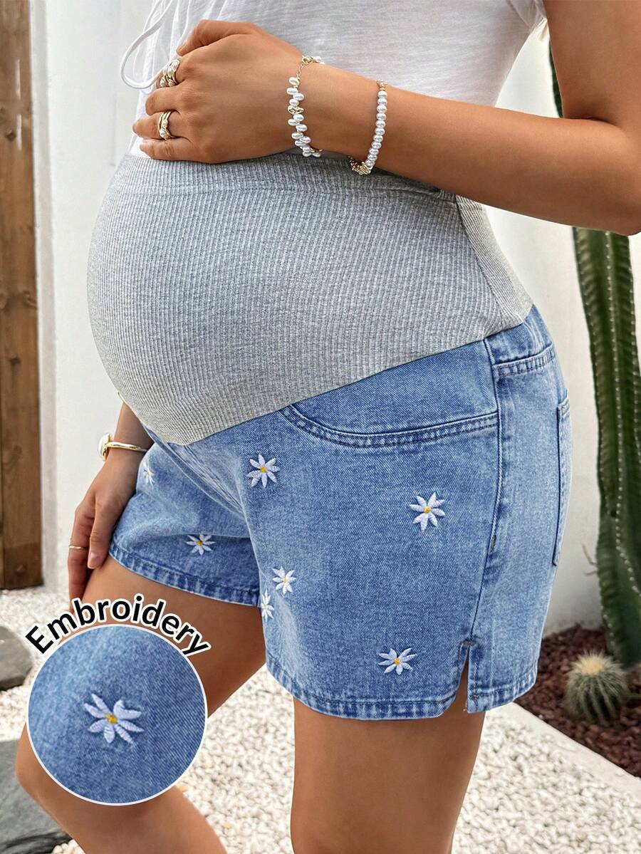 Maternity Denim Shorts - High Waist, Ribbed Patchwork, Pockets, Loose, Light Wash Blue