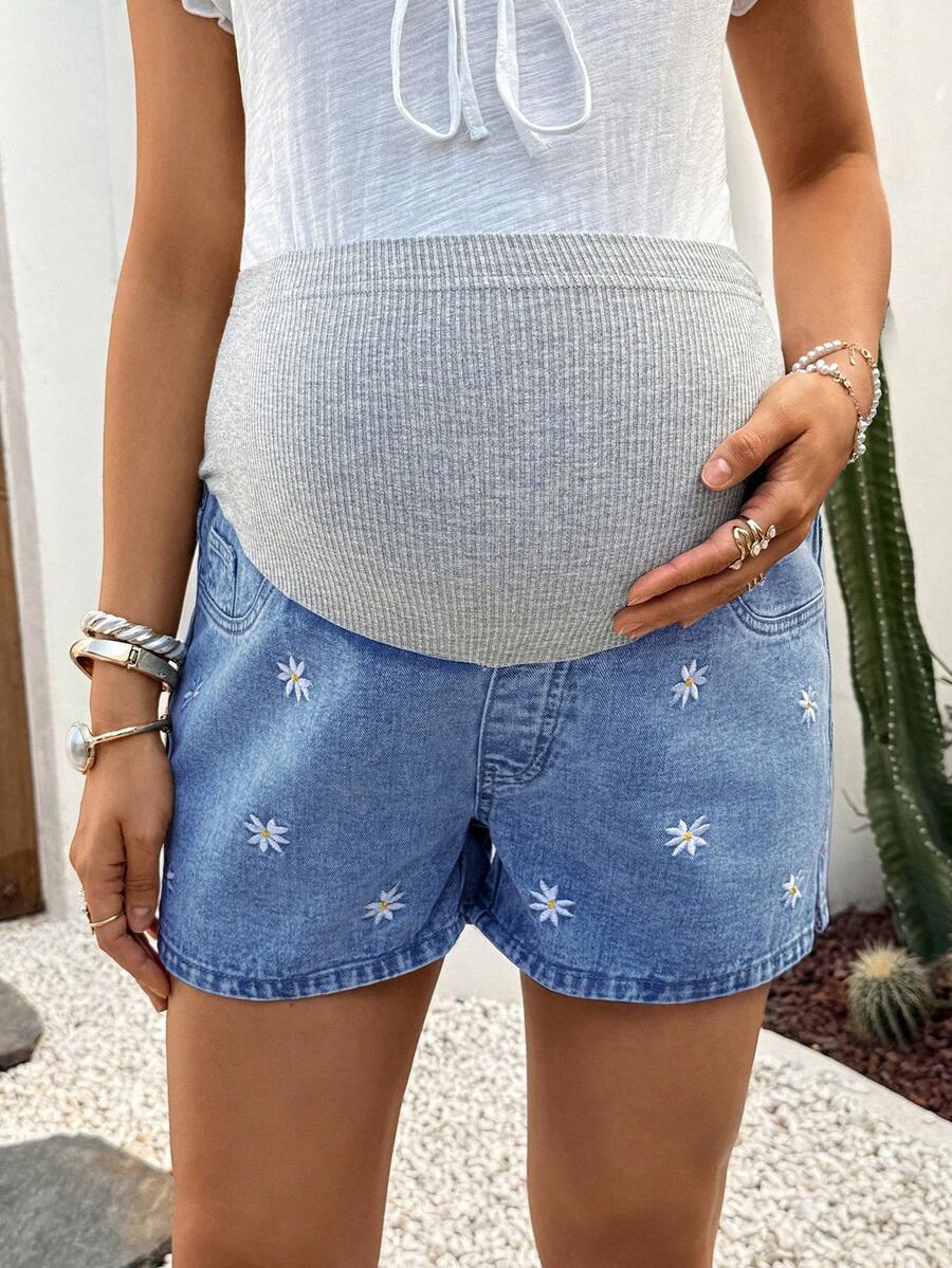 Maternity Denim Shorts - High Waist, Ribbed Patchwork, Pockets, Loose, Light Wash Blue