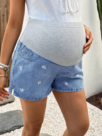 Maternity Denim Shorts - High Waist, Ribbed Patchwork, Pockets, Loose, Light Wash Blue