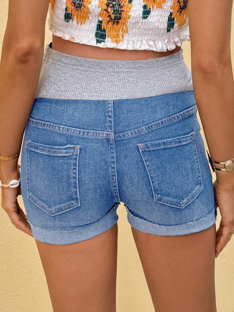 Maternity Denim Shorts - Washed, Skinny Fit, Elastic Waist, Short, Multicolor