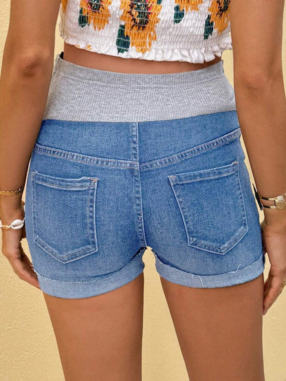 Maternity Denim Shorts - Washed, Skinny Fit, Elastic Waist, Short, Multicolor