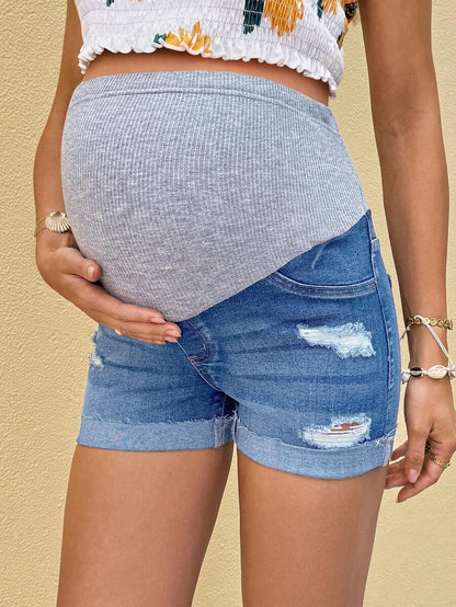 Maternity Denim Shorts - Washed, Skinny Fit, Elastic Waist, Short, Multicolor