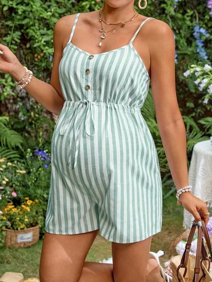 Maternity Jumpsuit - Green Striped Drawstring Waist Casual, Green