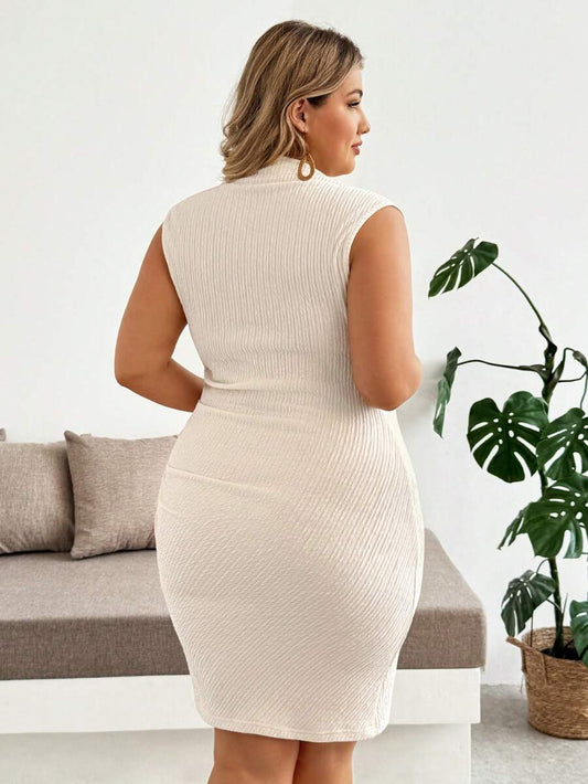 Plus Size Maternity Fitted Short Dress - Stand Collar, Sleeveless, Ruched, Slim Fit, Apricot