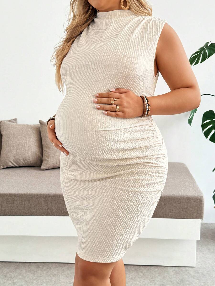 Plus Size Maternity Fitted Short Dress - Stand Collar, Sleeveless, Ruched, Slim Fit, Apricot