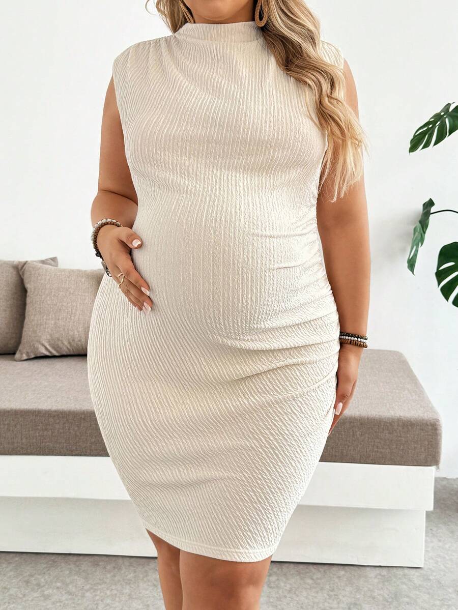 Plus Size Maternity Fitted Short Dress - Stand Collar, Sleeveless, Ruched, Slim Fit, Apricot