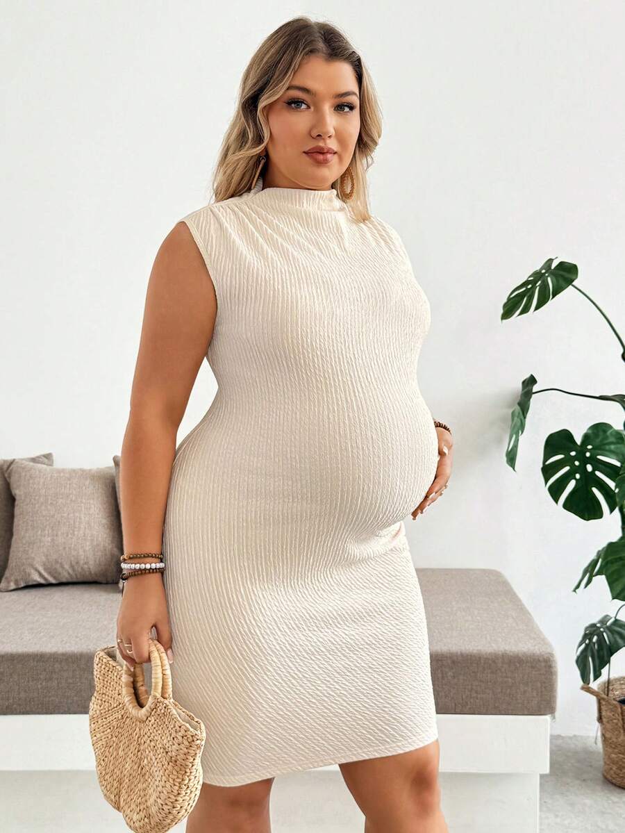Plus Size Maternity Fitted Short Dress - Stand Collar, Sleeveless, Ruched, Slim Fit, Apricot