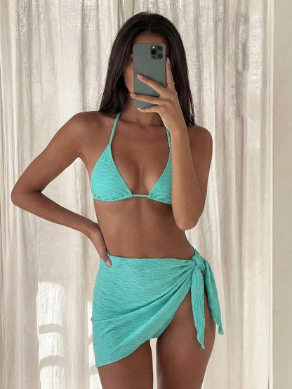 Women's 3-Piece Solid Halter Bikini Set - Knot Detail, Skirt Cover-Up, Triangle Cup, Red