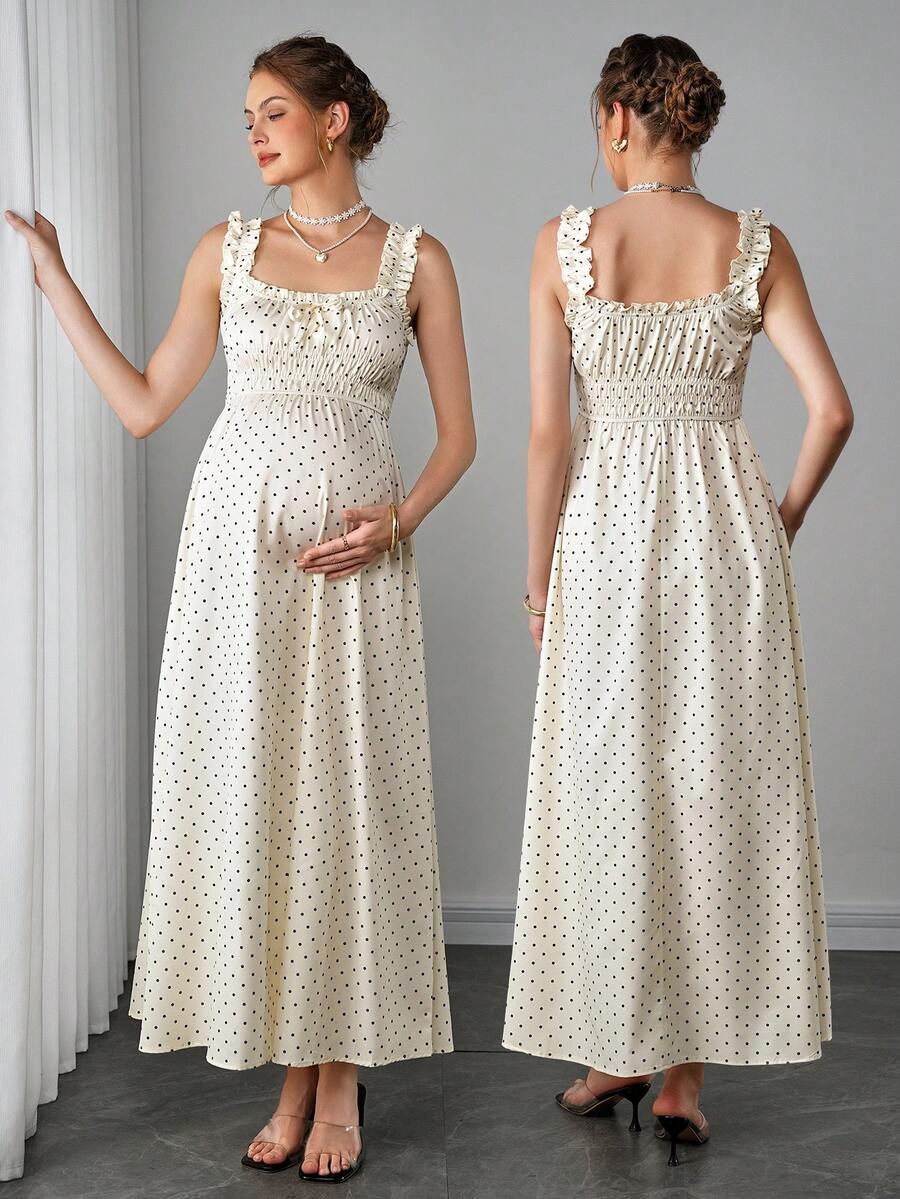 Maternity Polka Dot Swing Dress - Strap, Ruched Cinched Waist, Ruffle, Slim Fit, Apricot