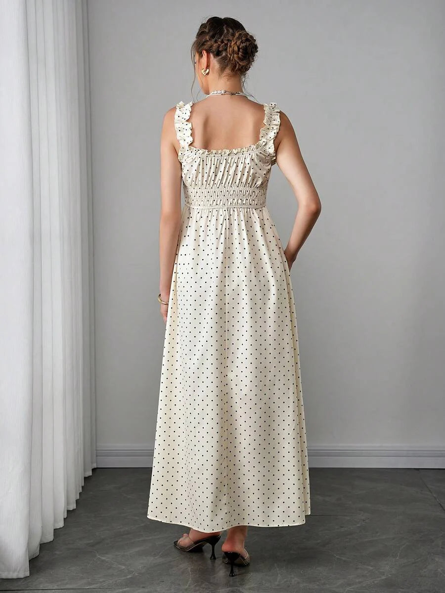 Maternity Polka Dot Swing Dress - Strap, Ruched Cinched Waist, Ruffle, Slim Fit, Apricot