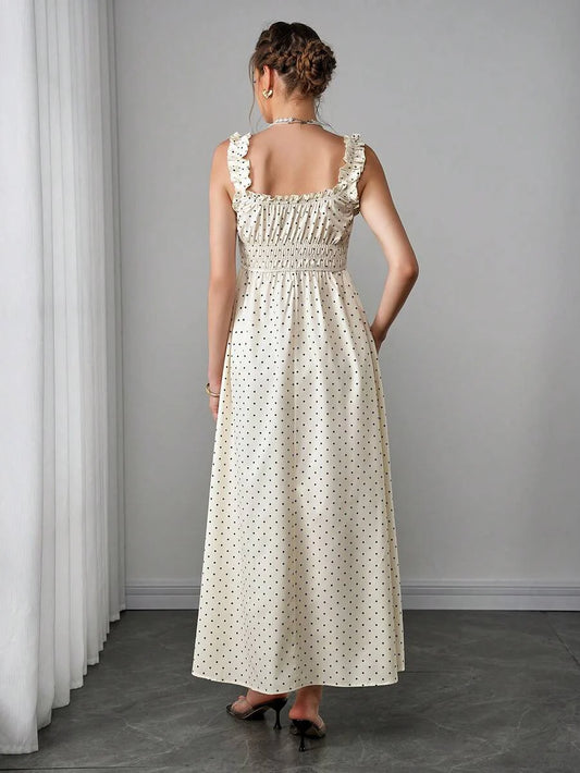 Maternity Polka Dot Swing Dress - Strap, Ruched Cinched Waist, Ruffle, Slim Fit, Apricot