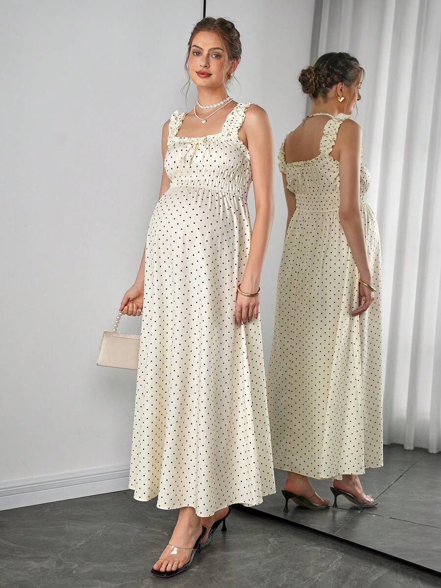 Maternity Polka Dot Swing Dress - Strap, Ruched Cinched Waist, Ruffle, Slim Fit, Apricot