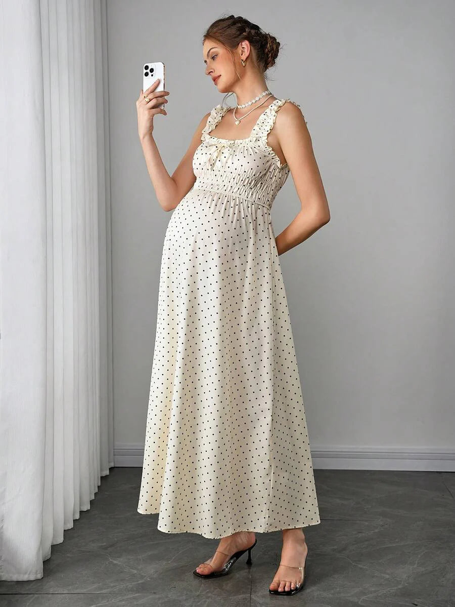 Maternity Polka Dot Swing Dress - Strap, Ruched Cinched Waist, Ruffle, Slim Fit, Apricot
