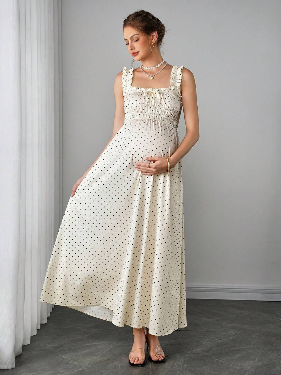 Maternity Polka Dot Swing Dress - Strap, Ruched Cinched Waist, Ruffle, Slim Fit, Apricot