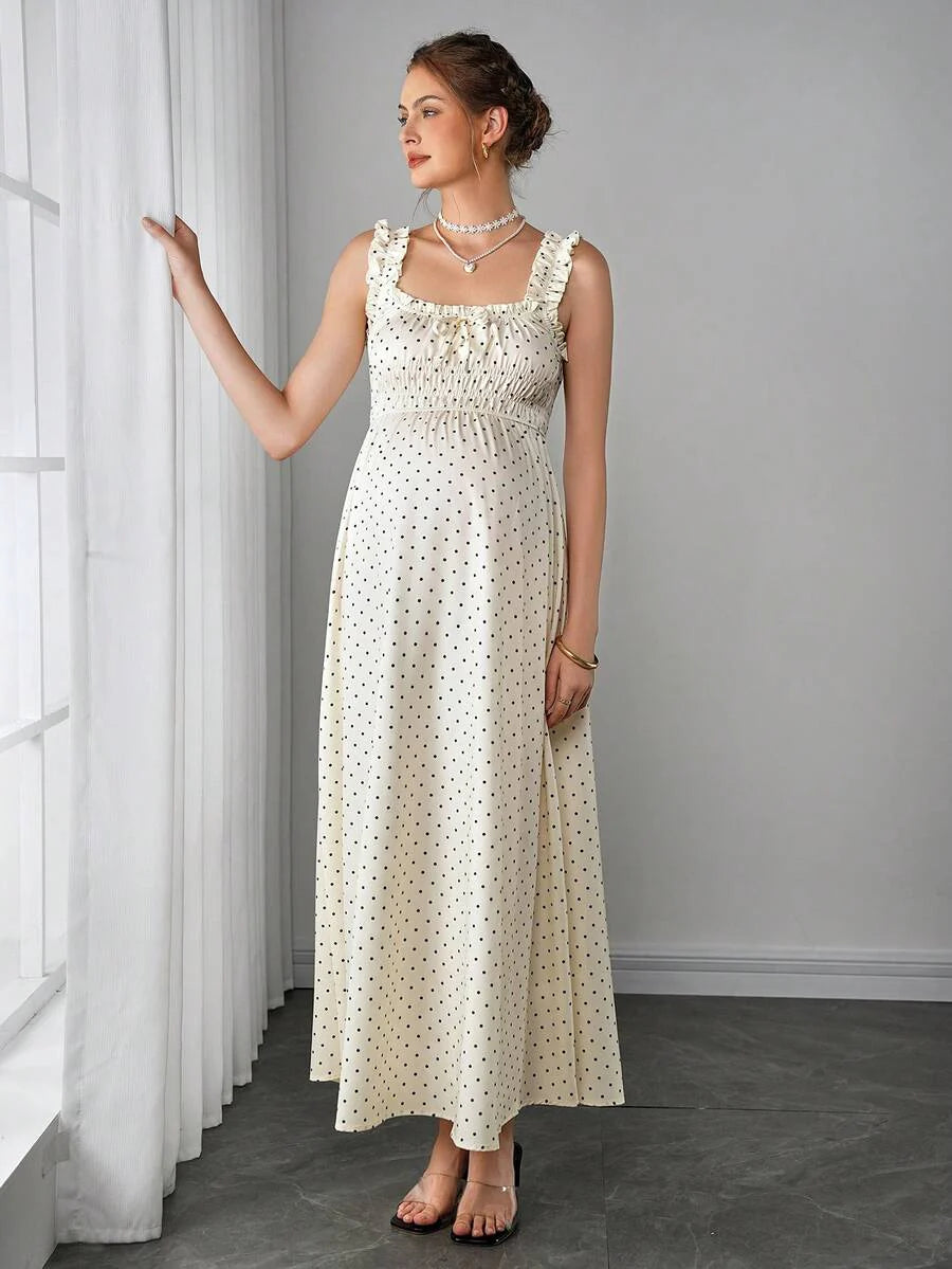 Maternity Polka Dot Swing Dress - Strap, Ruched Cinched Waist, Ruffle, Slim Fit, Apricot