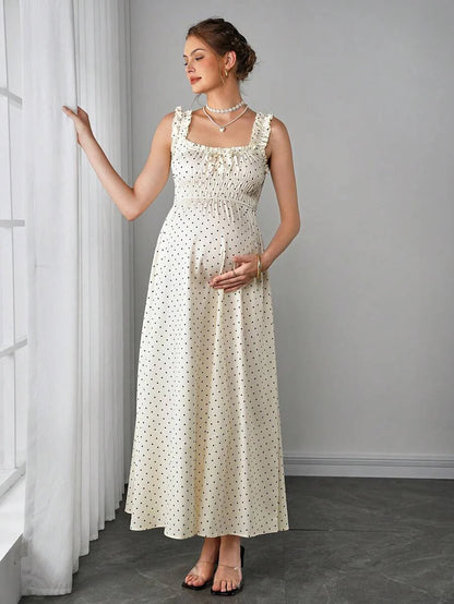 Maternity Polka Dot Swing Dress - Strap, Ruched Cinched Waist, Ruffle, Slim Fit, Apricot
