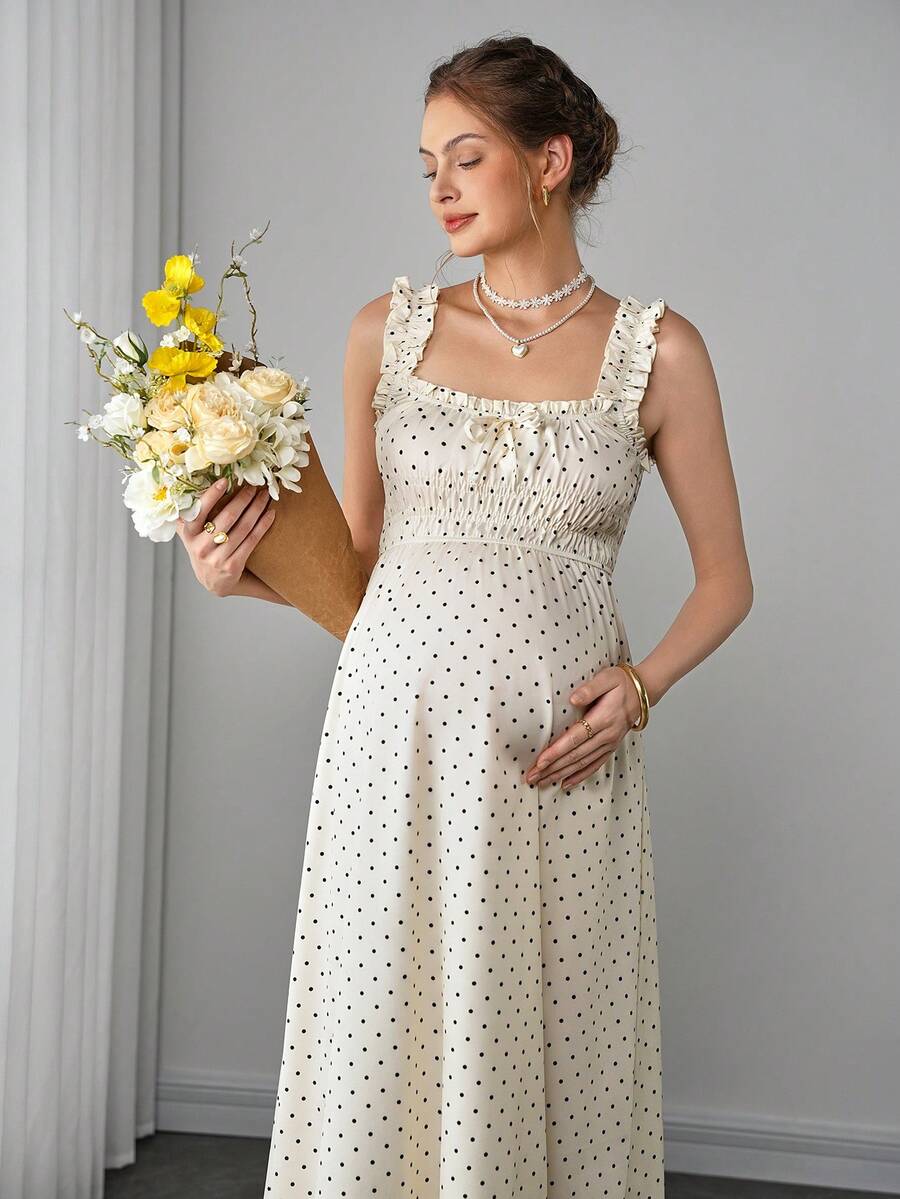 Maternity Polka Dot Swing Dress - Strap, Ruched Cinched Waist, Ruffle, Slim Fit, Apricot
