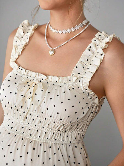 Maternity Polka Dot Swing Dress - Strap, Ruched Cinched Waist, Ruffle, Slim Fit, Apricot