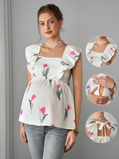Maternity Floral Nursing Top - Square Neck, Cap Sleeve, Hidden Zipper, Bow Back, Multicolor