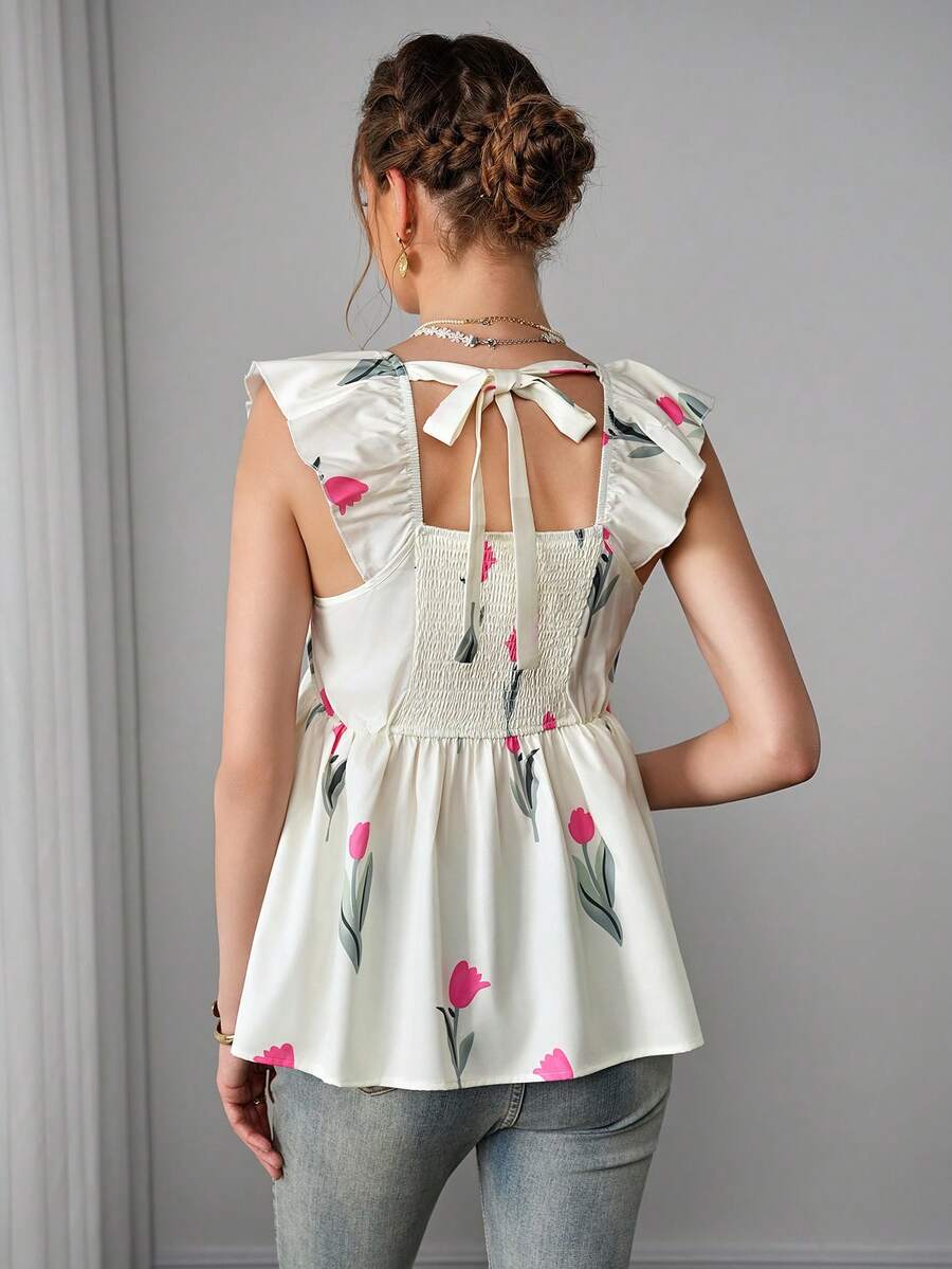 Maternity Floral Nursing Top - Square Neck, Cap Sleeve, Hidden Zipper, Bow Back, Multicolor