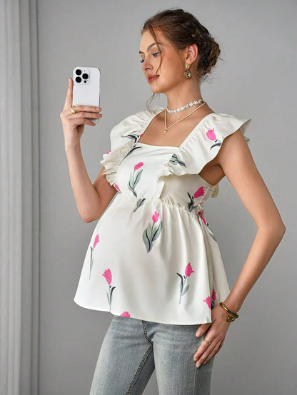 Maternity Floral Nursing Top - Square Neck, Cap Sleeve, Hidden Zipper, Bow Back, Multicolor