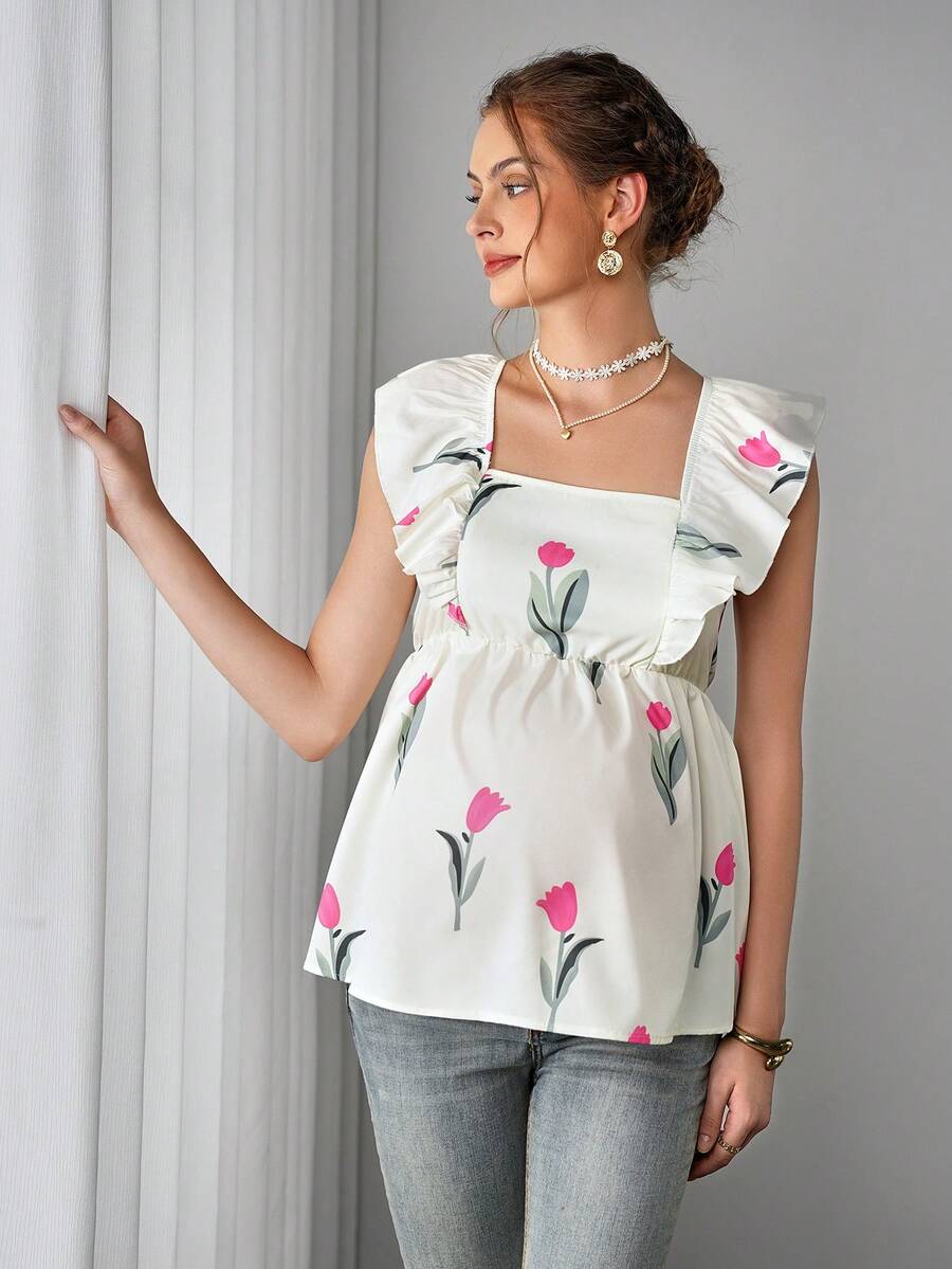 Maternity Floral Nursing Top - Square Neck, Cap Sleeve, Hidden Zipper, Bow Back, Multicolor