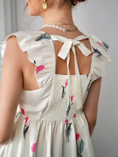 Maternity Floral Nursing Top - Square Neck, Cap Sleeve, Hidden Zipper, Bow Back, Multicolor