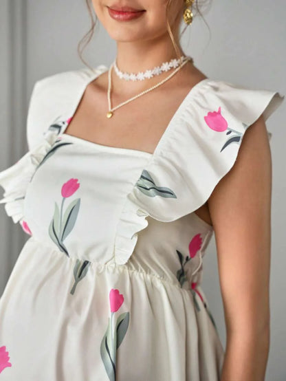 Maternity Floral Nursing Top - Square Neck, Cap Sleeve, Hidden Zipper, Bow Back, Multicolor