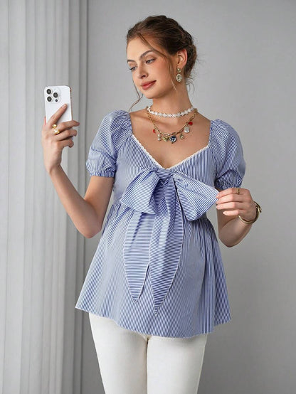 Maternity Striped Peplum Blouse - V Neck, Puff Half Sleeve, Bowknot, Slim Fit, Blue and White