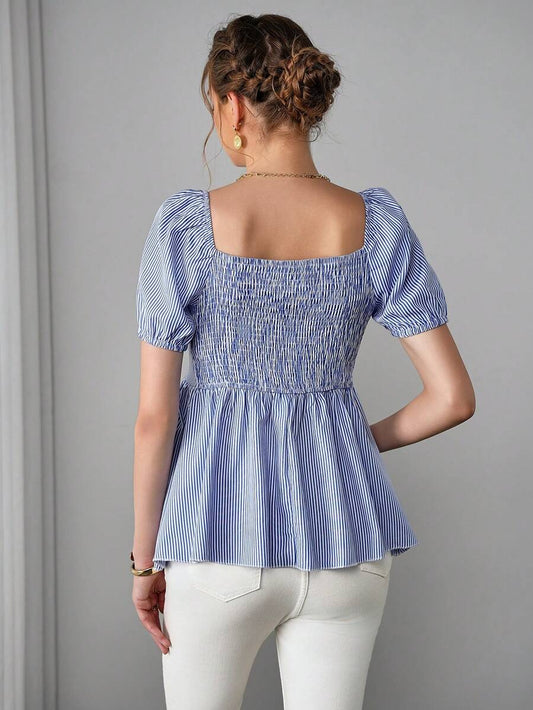 Maternity Striped Peplum Blouse - V Neck, Puff Half Sleeve, Bowknot, Slim Fit, Blue and White