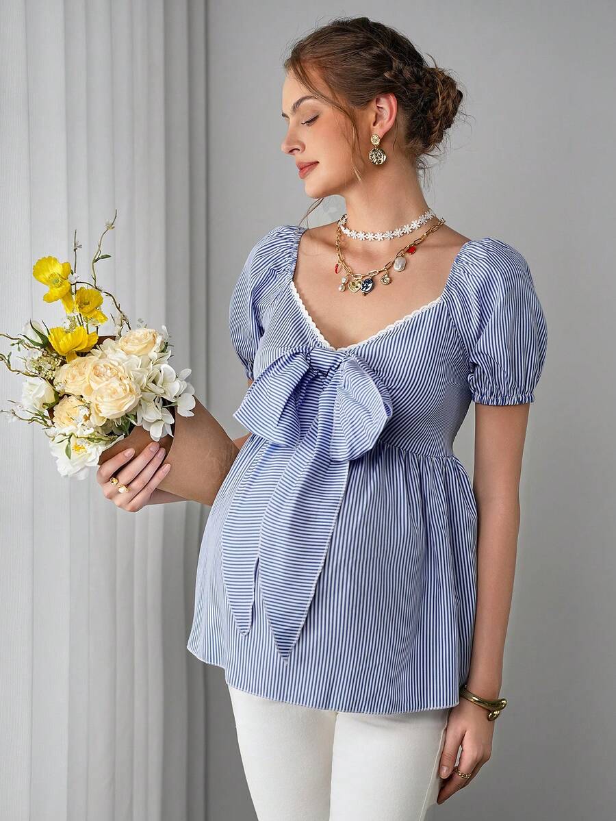 Maternity Striped Peplum Blouse - V Neck, Puff Half Sleeve, Bowknot, Slim Fit, Blue and White