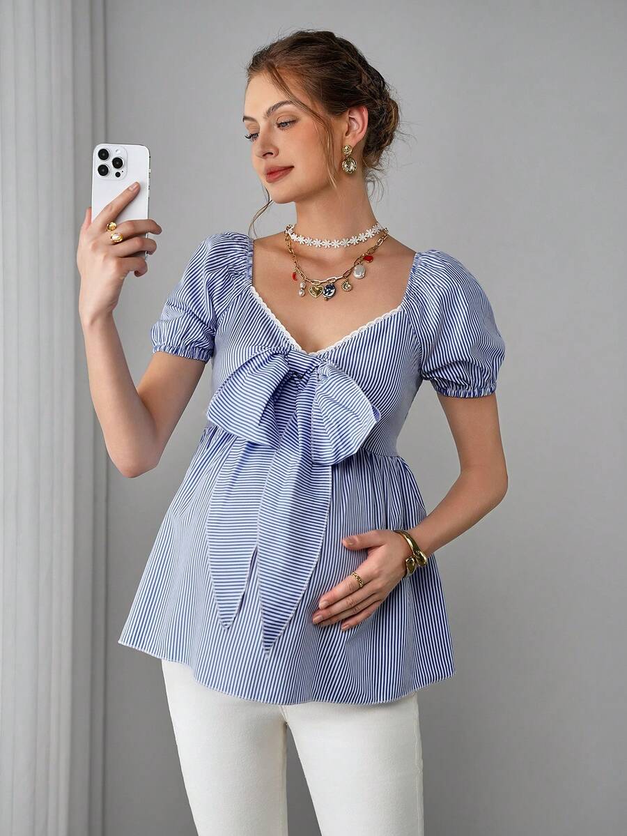 Maternity Striped Peplum Blouse - V Neck, Puff Half Sleeve, Bowknot, Slim Fit, Blue and White