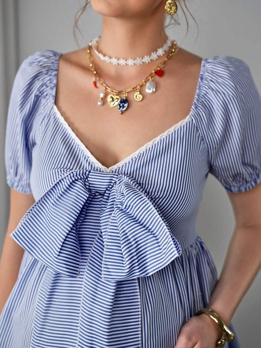 Maternity Striped Peplum Blouse - V Neck, Puff Half Sleeve, Bowknot, Slim Fit, Blue and White