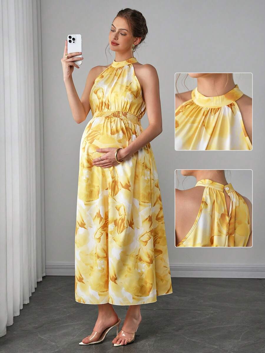 Teal Maternity Halter Waist Tie Dress Holiday Maternity Photoshoot Pregnant Summer Elegant