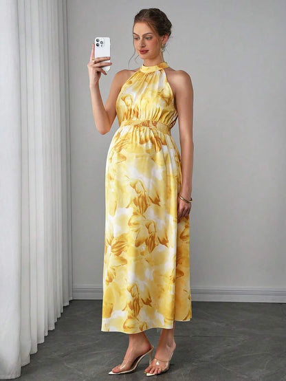 Maternity Halter A-Line Maxi Dress - Halter Neck, Cloak Sleeve, Printed, Long, Dark Green