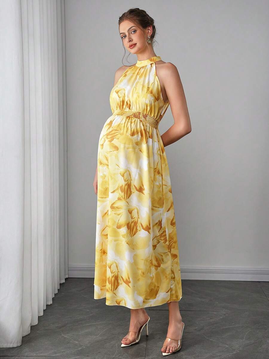 Maternity Halter A-Line Maxi Dress - Halter Neck, Cloak Sleeve, Printed, Long, Dark Green