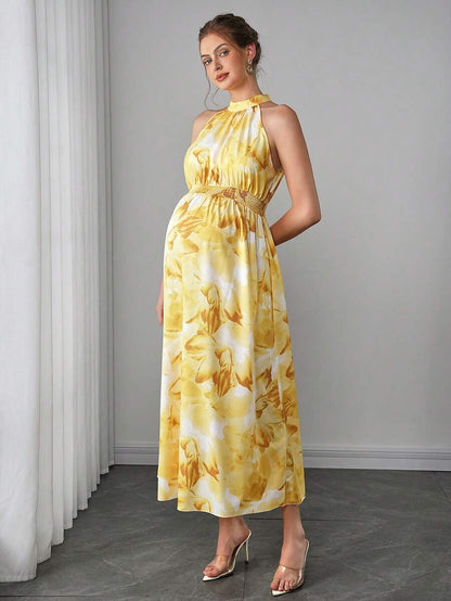 Maternity Halter A-Line Maxi Dress - Halter Neck, Cloak Sleeve, Printed, Long, Dark Green