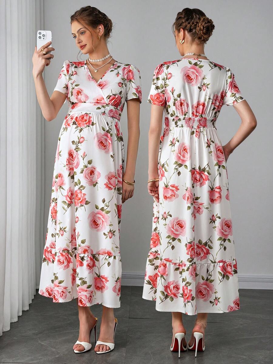 Maternity Floral A-Line Long Dress - V Neck, Puff Short Sleeve, Shirred, Ruffle Hem, Multicolor