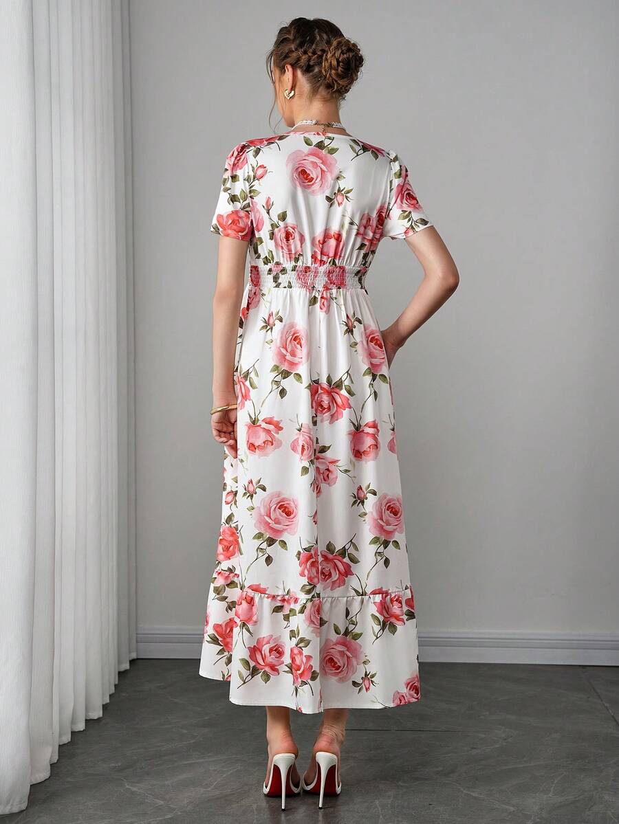 Maternity Floral A-Line Long Dress - V Neck, Puff Short Sleeve, Shirred, Ruffle Hem, Multicolor