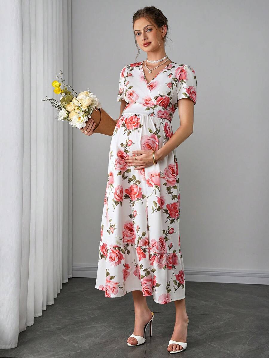 Maternity Floral A-Line Long Dress - V Neck, Puff Short Sleeve, Shirred, Ruffle Hem, Multicolor