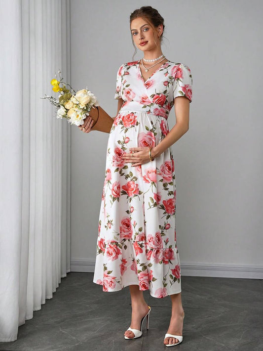 Maternity Floral A-Line Long Dress - V Neck, Puff Short Sleeve, Shirred, Ruffle Hem, Multicolor