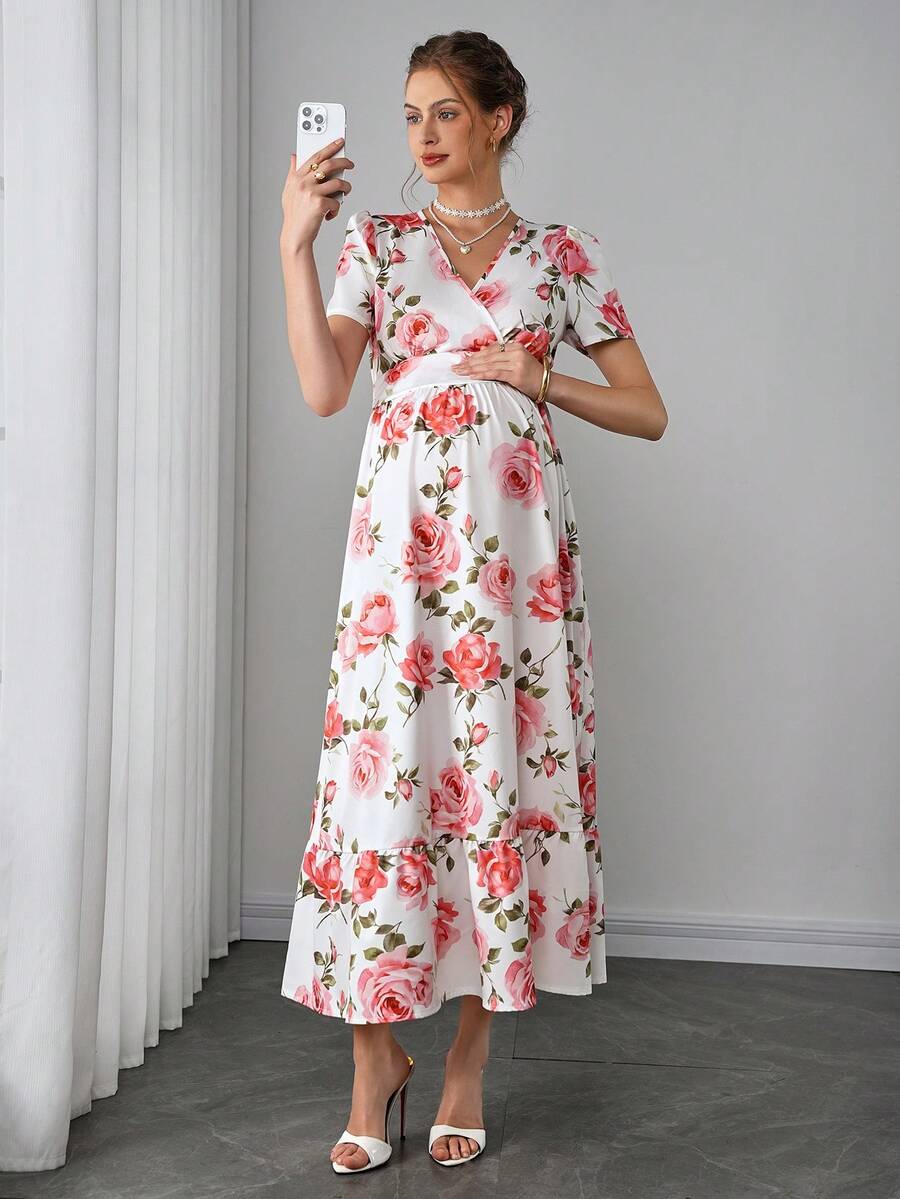 Maternity Floral A-Line Long Dress - V Neck, Puff Short Sleeve, Shirred, Ruffle Hem, Multicolor
