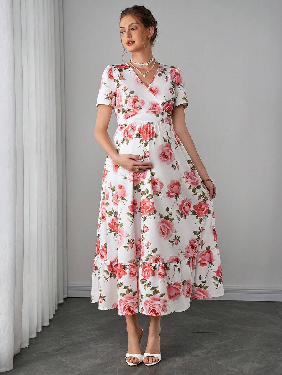 Maternity Floral A-Line Long Dress - V Neck, Puff Short Sleeve, Shirred, Ruffle Hem, Multicolor